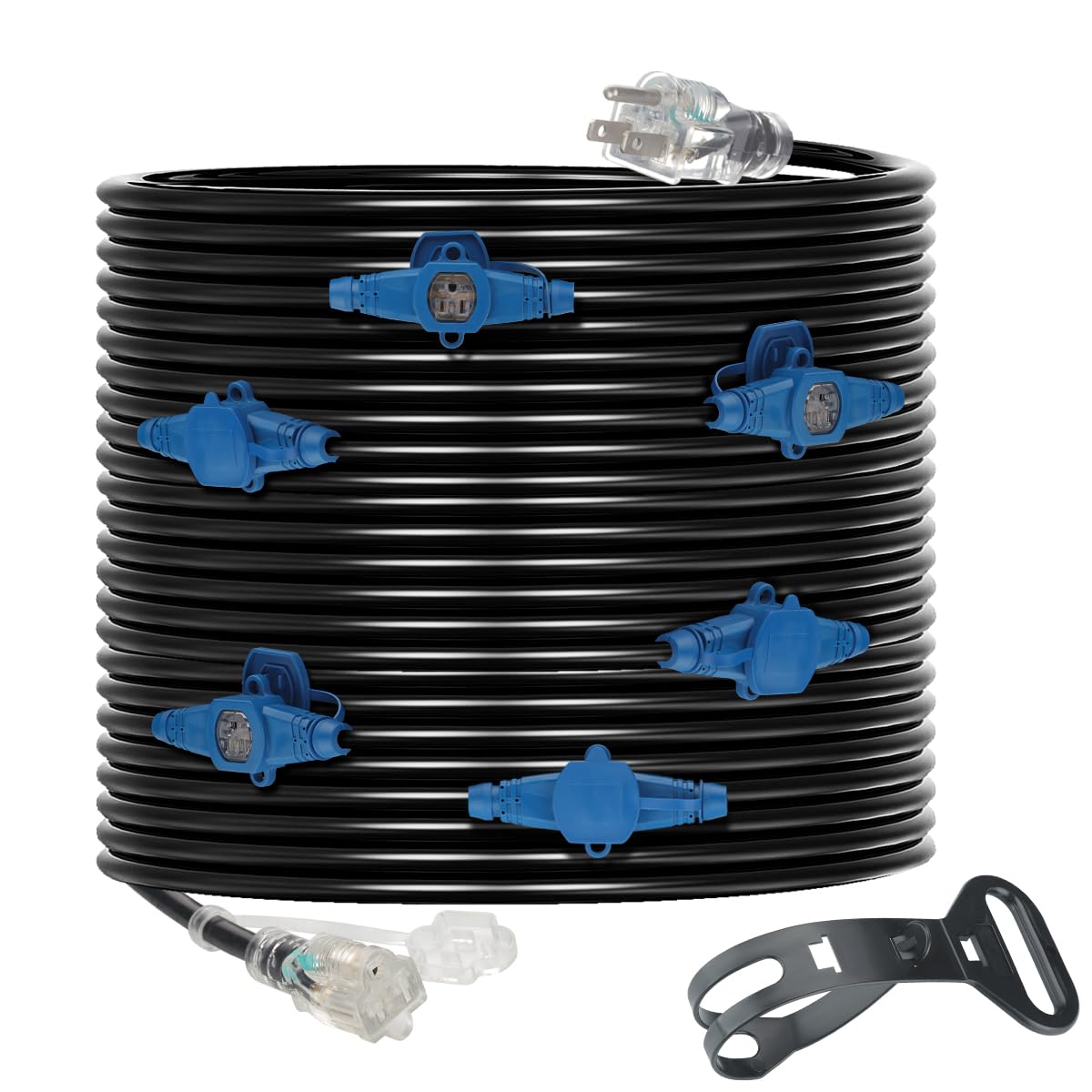 50 Feet Multi Outlet Extension Cord 12 Gauge,7 Nema 5-15R Evenly Spaced Outlets with Blue Indicators,Male Plug to Female Connector,Erboelec,ETL Listed