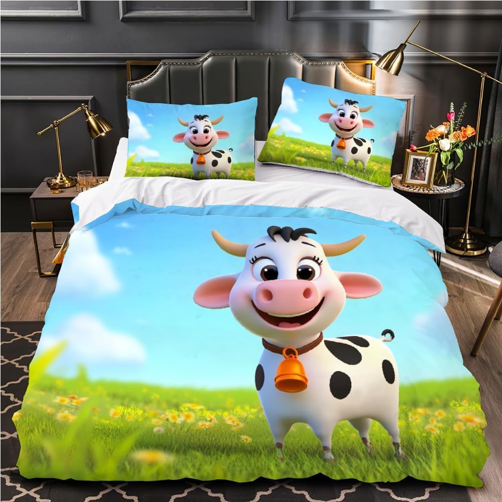 Parure de lit 240x260 adulte vache avec housse de couette zippée et taies 65x65 cm