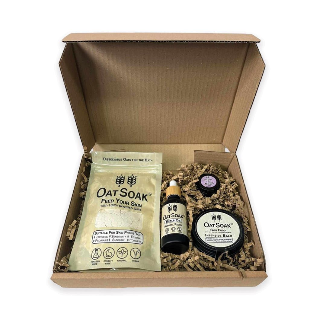 OatSoak Skin Care Collection. Gift Set for Sensitive Skin. Containing 100g OatSoak Colloidal Oatmeal, Intensive Balm, Scalp Oil and Lip Balm with Gwenyn Gruffydd Honey.