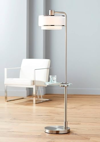 Possini Euro Design Vogue - Moderna lámpara de pie con mesa de vidrio templado de 60 pulgadas de alto, níquel cepillado blanco, lino plateado,