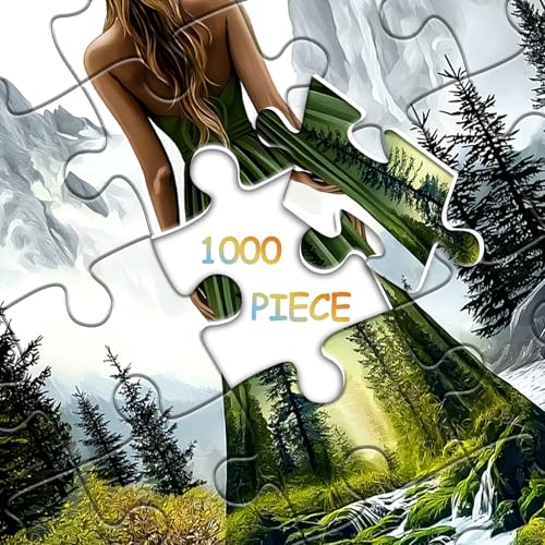 Rompecabezas para adultos de 1000 piezas: Mujer en paisaje boscoso, escena montañosa y fluvial, rompecabezas de naturaleza con temática femenina miniatura 7