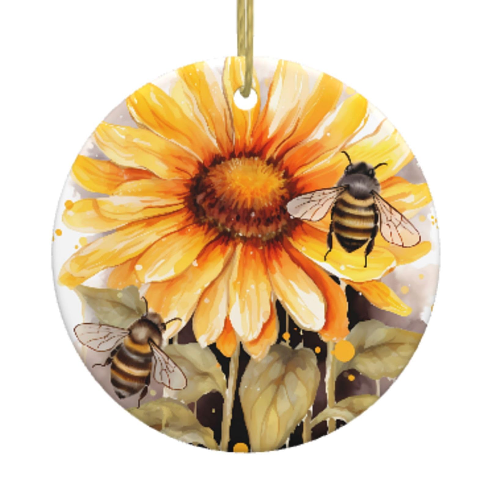 Ceramic Christmas Tree Hanging Ornaments with Gold Ropes Christmas Tree Decorations Round Ceramic Blackboard Bees Sunflowers Pendant Keepsake Decorations for Holiday Xmas Gift Ideas
