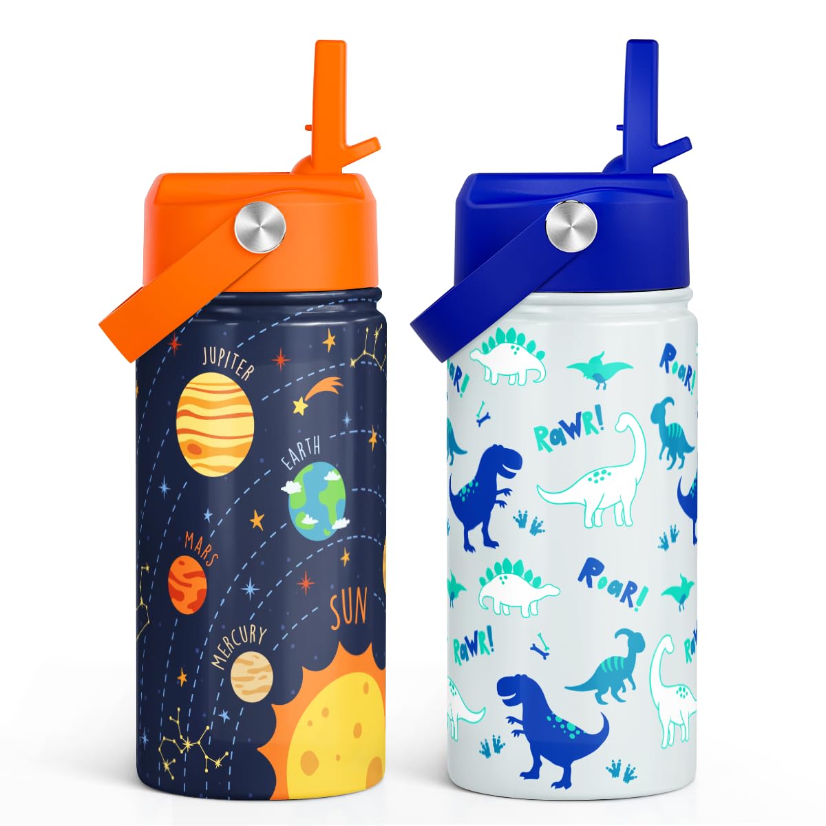 Kid Water Bottle 12oz with Straw Lid - 2-Pack Insulated Stainless Steel Water Bottles for Kids Girls -