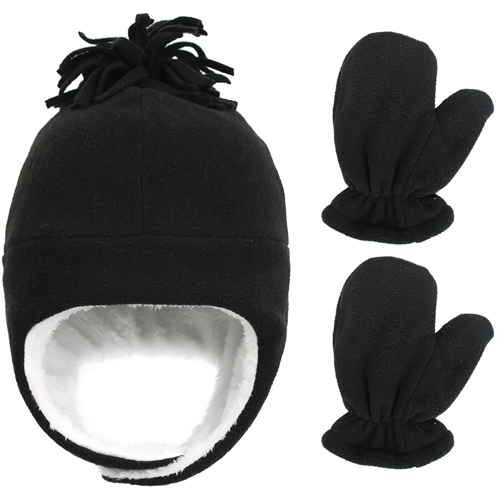 MalaxlxBaby Toddler Sherpa Hats and Mittens Set Winter Warm Kids Pilot Hat Fleece Lined Earflap Aviator Hat Trapper Hat Gloves Set for 3 Months-8 Years Boys Girls