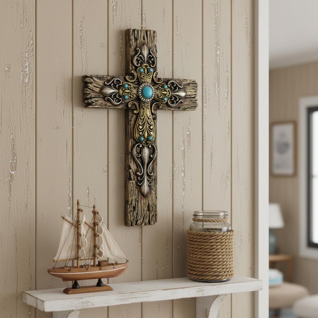 Comfy Hour 12" Rustic Faux Wood Wall Cross with Turquoise Accents, Ornate Victorian Scrollwork Religious Plaque, Western Lodge Style Resin Wall Decor, Artisan Finished Sculpture, 1 Piece