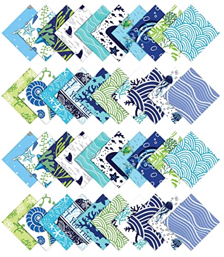 Soimoi Precut 10-inch Beach Ocean Prints Cotton Fabric Bundle Quilting Squares Charm Pack DIY Patchwork Sewing Craft- Blue