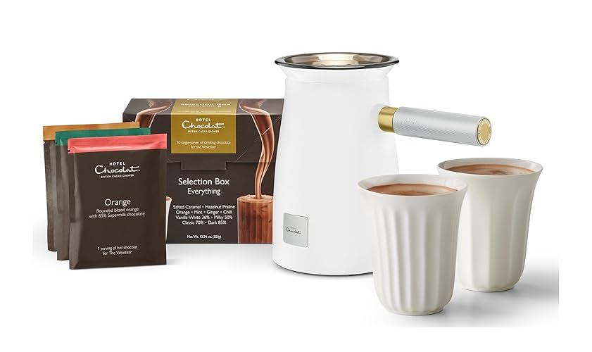 Hotel Chocolat Velvetiser - In-Home Hot Chocolate Machine - Barista-Grade Hot Chocolate Maker - Complete Starter Kit - White Edition - 2 Ceramic Podcups & 10 Single-Serve Sachets - White