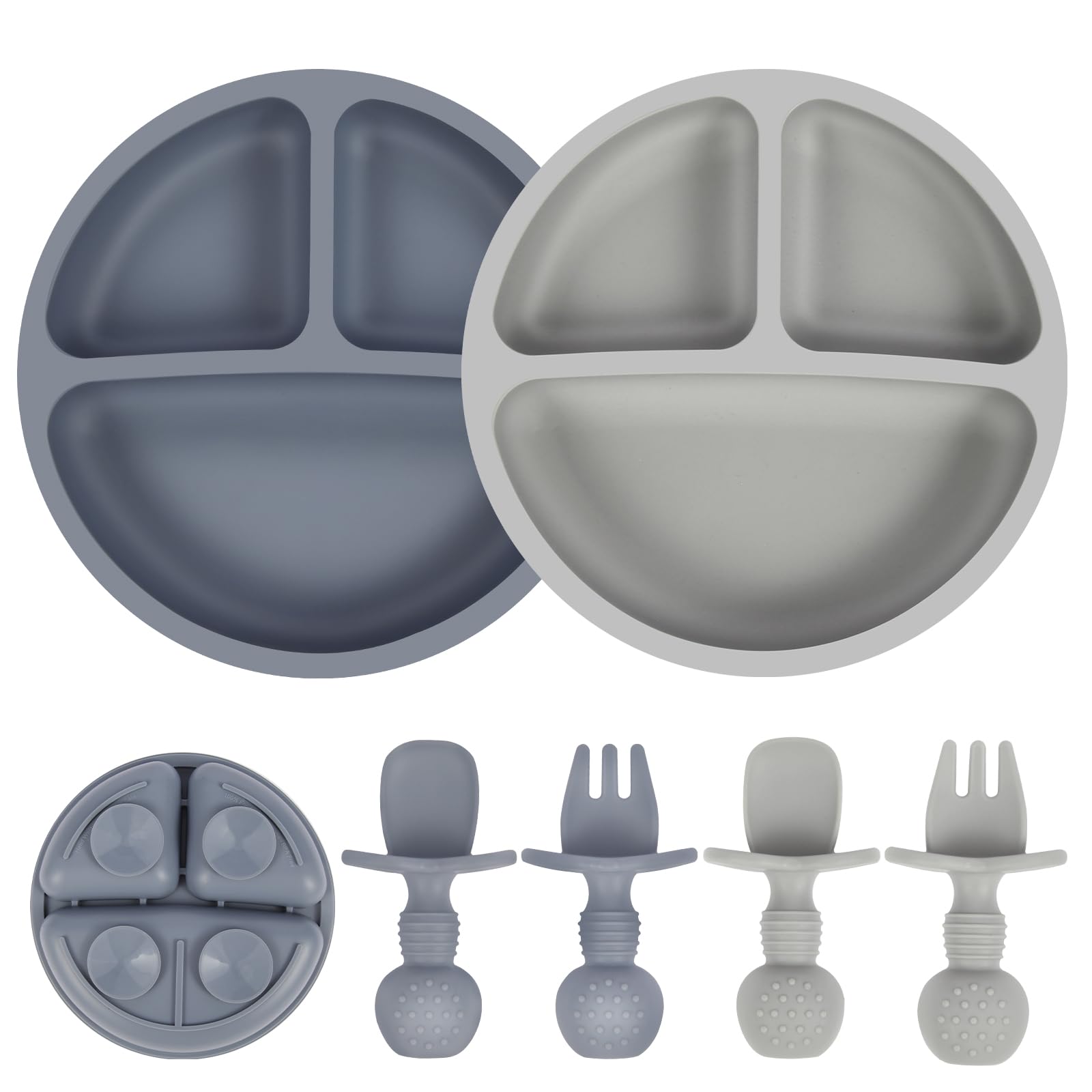 Eascrozn 2 Pack Divided Suction Plates for toddlers, Forks and Spoons Set