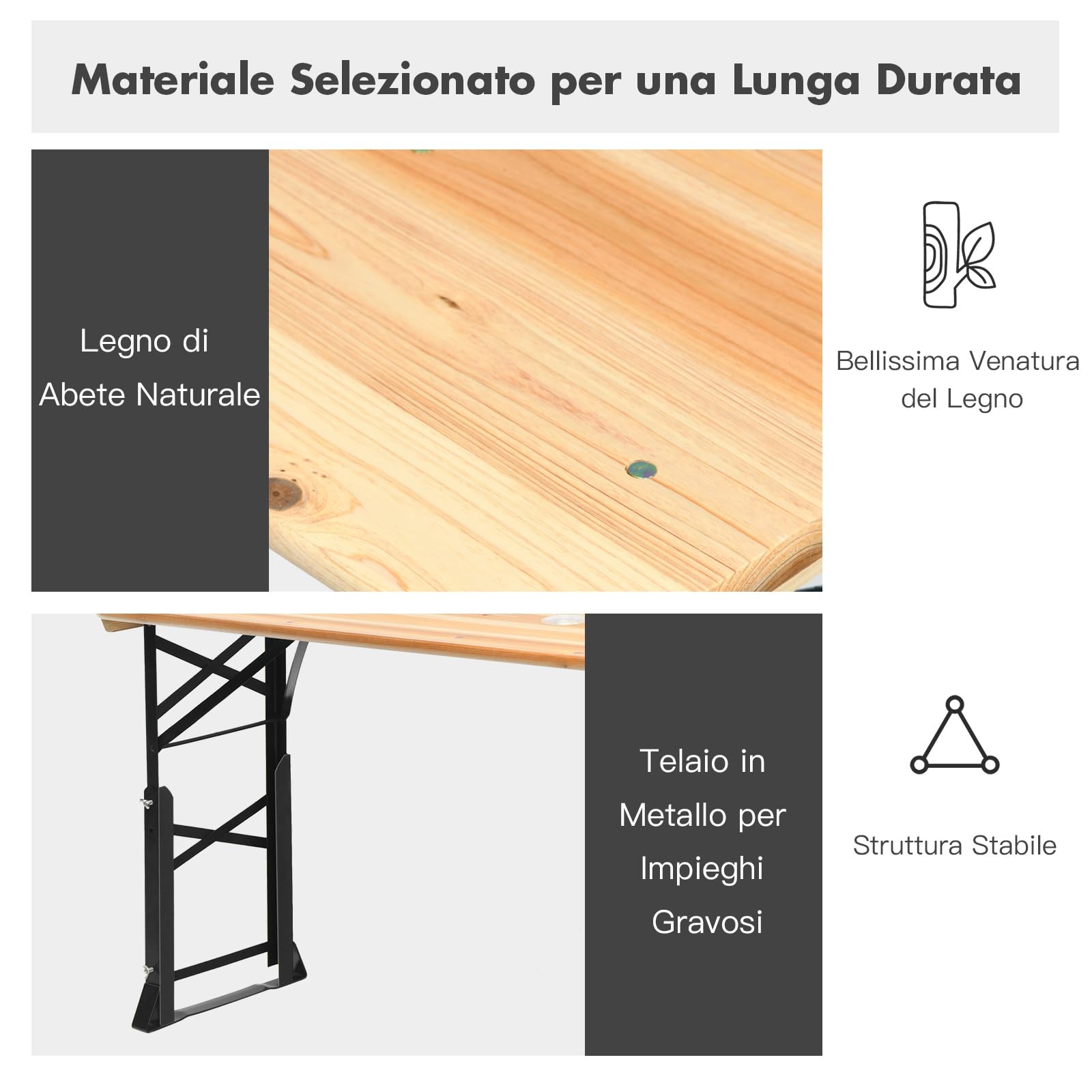 COSTWAY Tavolo da Picnic Pieghevole, Tavolo da Campeggio in Legno, con Altezza Regolabile, con Foro per Ombrellone, 168,5 x 50 x 75/105 cm, Portata 50 kg
