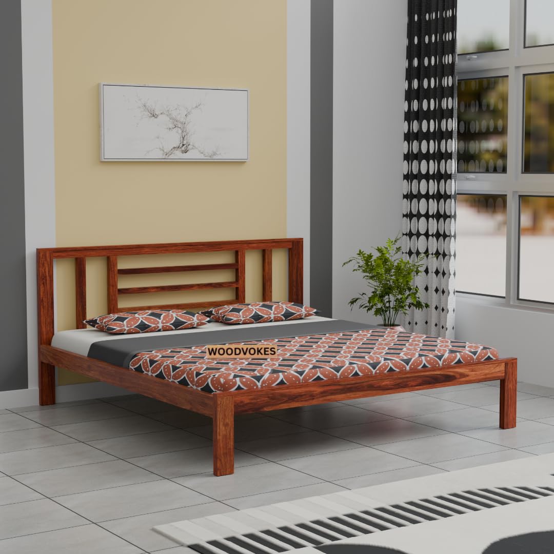 Solid Sheesham Wood Bed Without Storage | Wooden Double Bed for Bedroom Living Room Furniture (Honey-1, King)