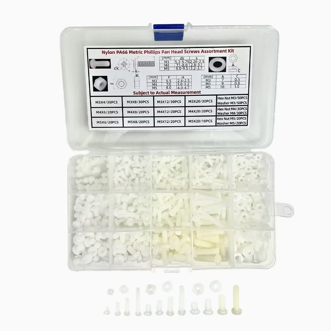 760PCS M6 Nylon PA66 Plastic Metric Phillips Pan Head Screws Length 5-80mm with Nuts Washers Assortment - Chemical Resistant Fastener Kit, Non-Conductive Bolts for PCB/Automotive Assembly