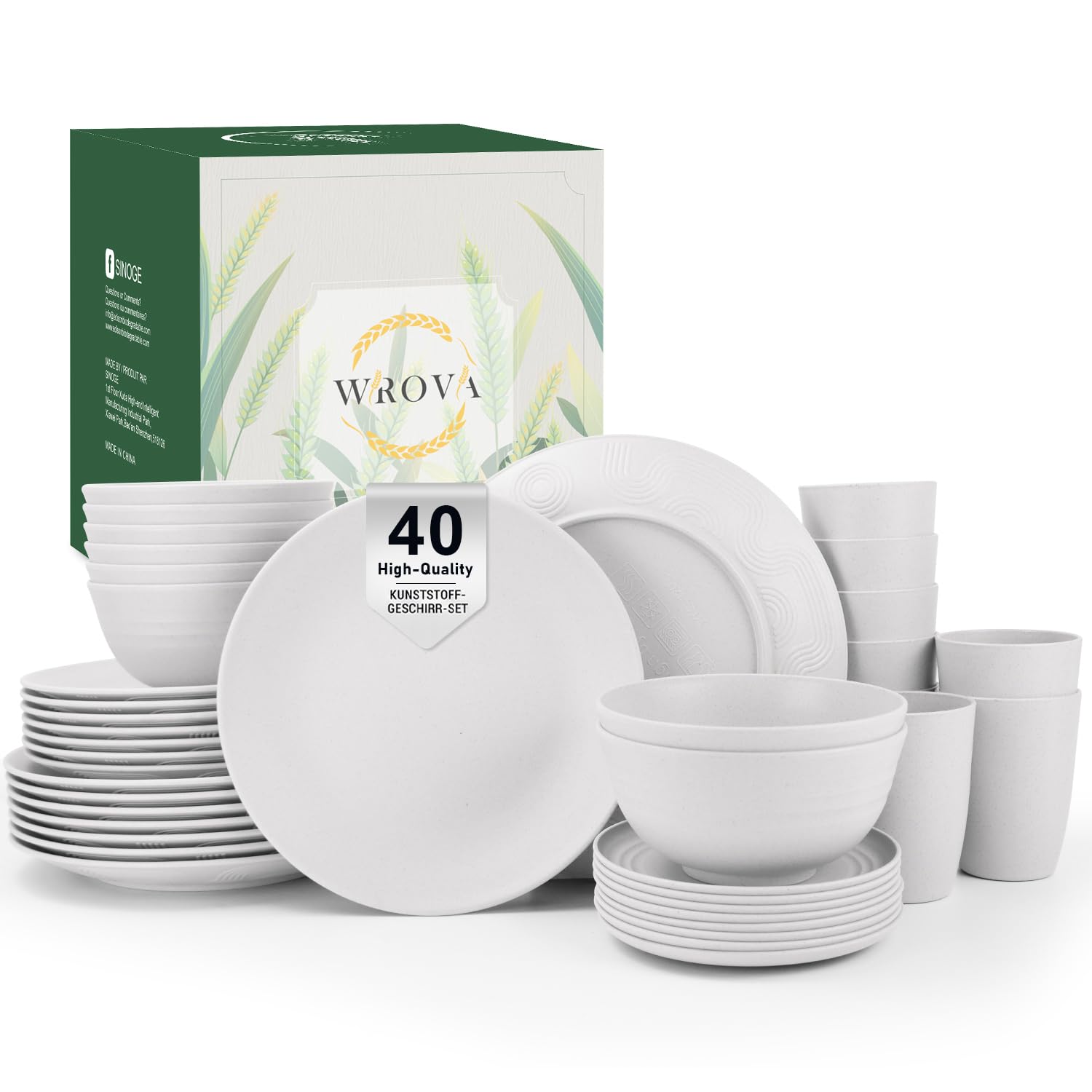 Wrova Set di piatti in plastica, 40 pezzi, piatti di plastica, ciotole per cereali, bicchieri di plastica, riutilizzabili, set di stoviglie da campeggio per 8 persone, lavabili in lavastoviglie e