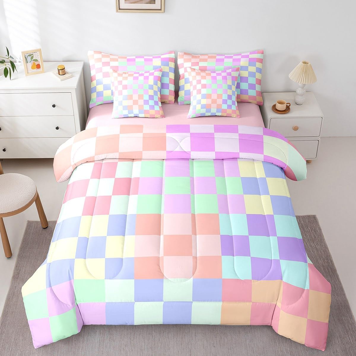 Colorful Checkered Comforter Set 7 Pieces Full Size,Cute Lattice Rustic Bedding Set for Kids Boys Girls,Multicolored Plaid Grid (Comforter+Fitted+Flat Sheet+2 Pillowcases+2 Throw Pillow Covers)