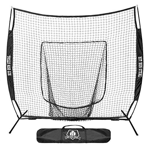 Hit Run Steal 7x7 Practice Net for Baseball & Softball with Carry Case, Black - Quick-Setup Portable Training for Hitting & Pitching, Stable Bow Frame, Large Catch Sock