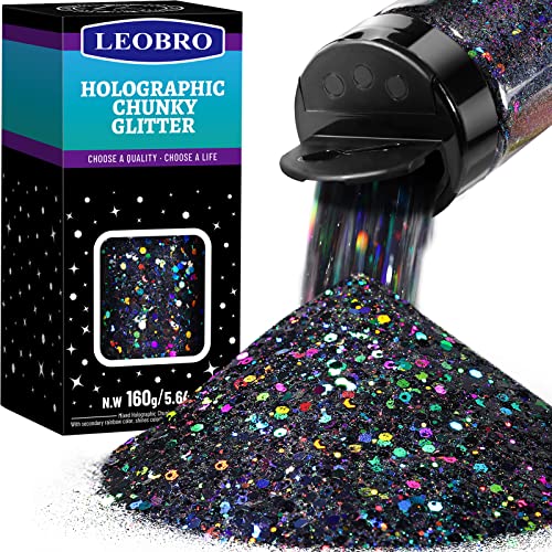 LEOBRO Black Holographic Chunky Glitter 160G/5.64OZ, Craft & Nail Glitter for Resin Epoxy Tumblers