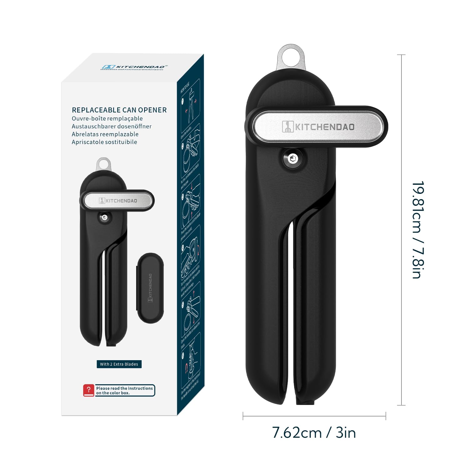 KITCHENDAO Replaceable Can Opener with 2 Extra Blades, Super Sharp Manual Can Opener with Magnet, Smooth Edge Cut Handheld Tin Opener, Large Turning Knob for Seniors & Arthritis, Black