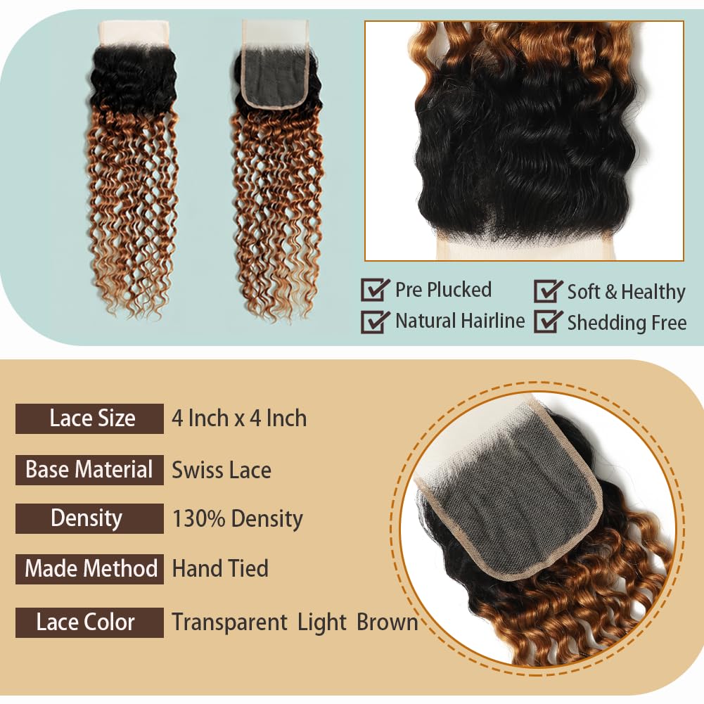 Ombre Deep Wave Bundles con cierre de pelo humano (35,6 cm, 40,6 cm, 45,7 cm, 45,7 cm, 30,5 cm, 30,5 cm, 30,5 cm, 30,5 cm, 30,5 cm, 30,5 cm, 30,5 cm, 30,5 cm, 30,5 cm)