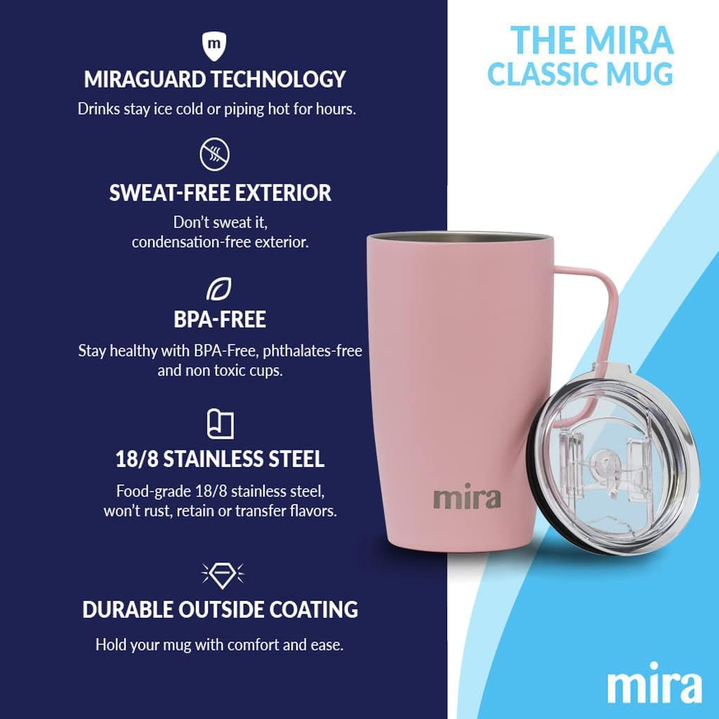 MIRA 18 oz Insulated Coffee Mug - Stainless Steel Travel Cup with Easy-Grip Handle - Car Cup Holder Compatible - Taffy Pink - Image 7