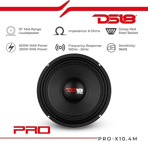 Miniatura 2 de DS18 PRO-X10.4M - Altavoz de 10 pulgadas, rango medio, canasta de acero rojo, 600 W máximo, 300 W RMS, 4 ohmios - Altavoces de puerta de audio de