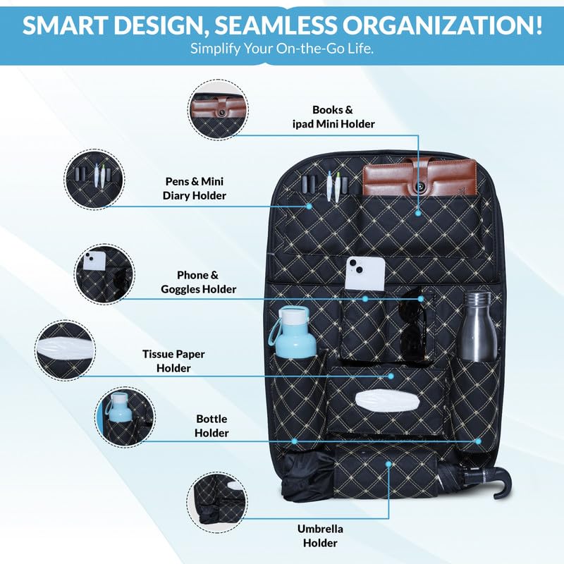 Image of Neodrift Polyurethane Seat Master' Premium 7D Car Seat Organizer with Folding Meal Tray, Universal Fit, Multipocket Storage for Bottles, Keys, Documents, Tissues (Color: Black-Beige, Automobiles)