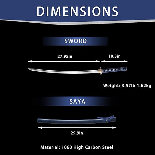 Vista 16 de Handmade Sharp Katana, Traditional Clay Tempered 1060 Steel 56HRC Katana Sword, Full Tang Authentic Japanese Craft Samurai Sword Brown,Blue,Blue