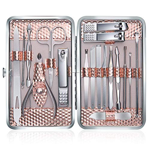 Kit Manucre Pedicure - Coupe Ongle Professionnel Coupe Cuticule Acier Inoxydable - Trousse Manucure Pedicure Set de 18pcs avec Exquis La Boîte by Keiby Citom (Or rose)