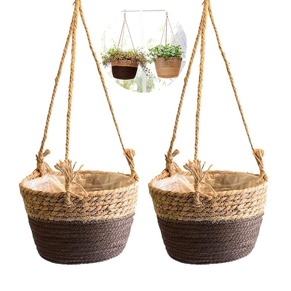 Koomuao - Juego de 2 macetas para colgar en cuerda de yute, tela tejida para plantas colgantes, cesta natural, cesta de jardinería para decoración interior o exterior (marrón, grande)