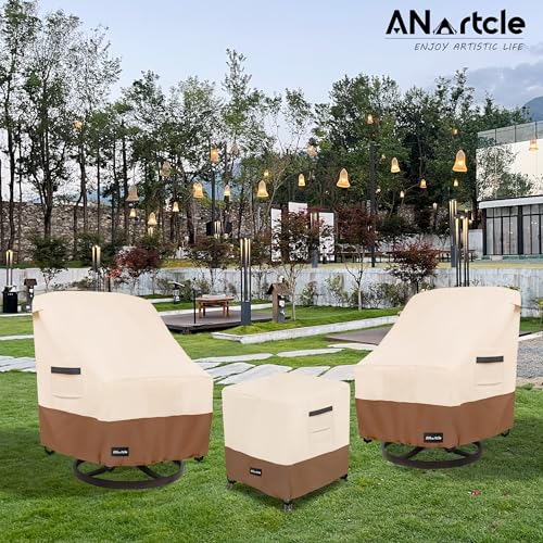 Image of ANartcle 3 Pieces Patio Bistro Sets Cover,600D Waterproof Heavy Duty Patio Furniture Covers,Includes 2 Outdoor Swivel Chair Covers and 1 Patio Wicker Side Table Cover(Beige&brown)