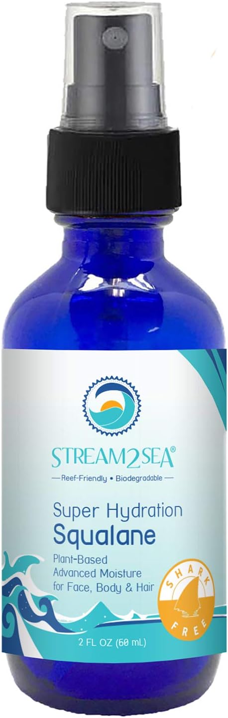 STREAM 2 SEA Squalane Olive Based, Reef Safe Certified Shark Free Plant Based Vitamin E Infused Face Moisturizer and Boosts Collagen Production, Biodegradable Skin and Hair Care, 2 Fl Oz
