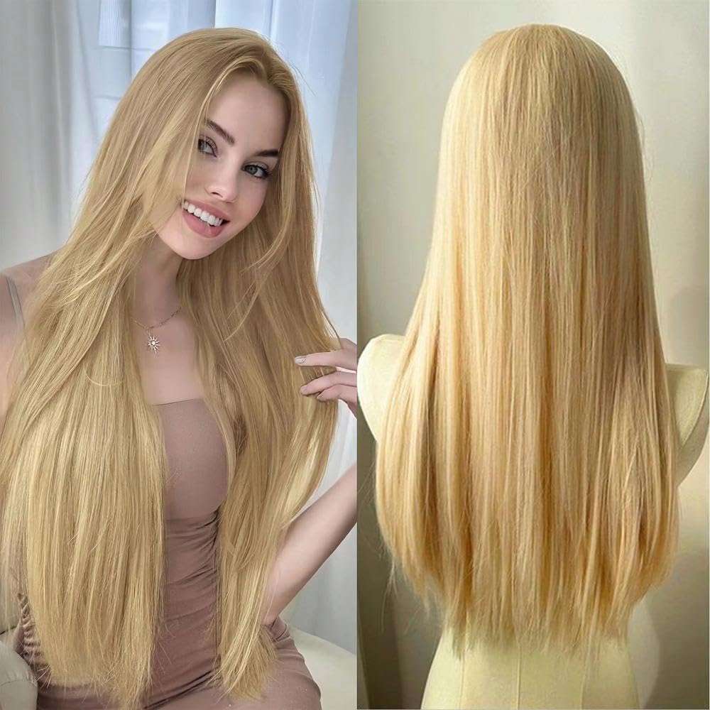 Peluca Rubia Clara Peluca 28 Pulgadas Pelucas Largas Y Rectas Fibras Alta Temperatura Para Cosplay(Light-Blonde)