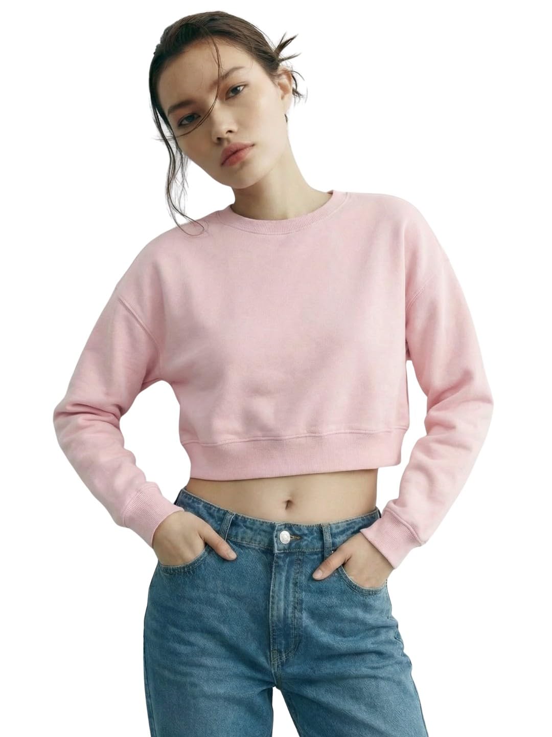 UNSTD Women Solid Black Cropped Sweatshirt | Full Sleeve Round Neck Crop Top | Casual Streetwear Winter Wear for Women & Girls-image-25