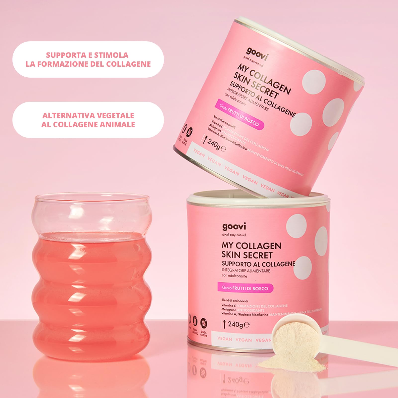 Goovi, My Collagen Skin Secret, Integratore Alimentare per Stimolare la Formazione del Collagene, con Vitamina C, Melograno, Niacina e Riboflavina, Polvere Solubile al Gusto Frutti di Bosco, 240 g