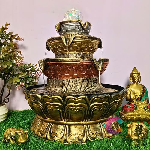Image of Four Step Table Top Round Decorative Water Fountain for Home Decor /Office /Indoor & Outdoor /Garden /Puja Room /Vaastu (Golden, C-068-02)