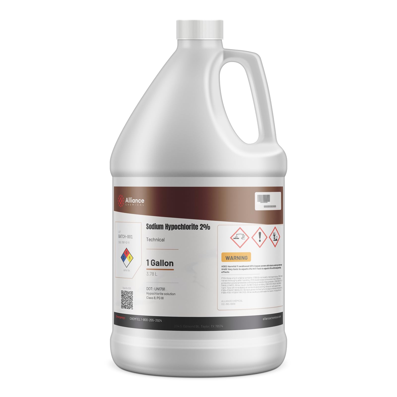 Alliance Chemical - Sodium Hypochlorite 2% - 1 Gallon - Water Treatment, Pool Treatment, Bleaching (NaOCl) | CAS 7681-52-9