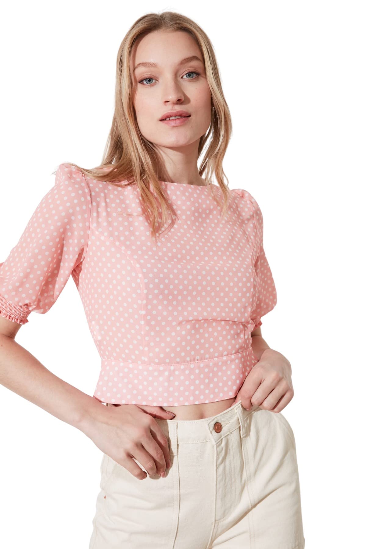 Trendyol Damen Woman Regular Standard Boat Neck Woven Blouse Hemd, Powder, 40