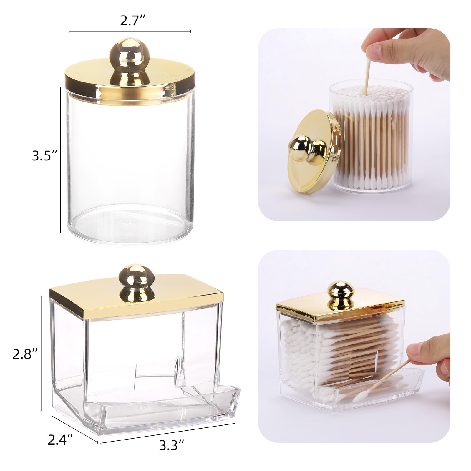 Tbestmax 2 Pack Qtips Dispenser - Bathroom Organizers and Storage Containers, Plastic Apothecary Jars with Gold Lids for Cotton Swab, Cotton Round Pads, Floss