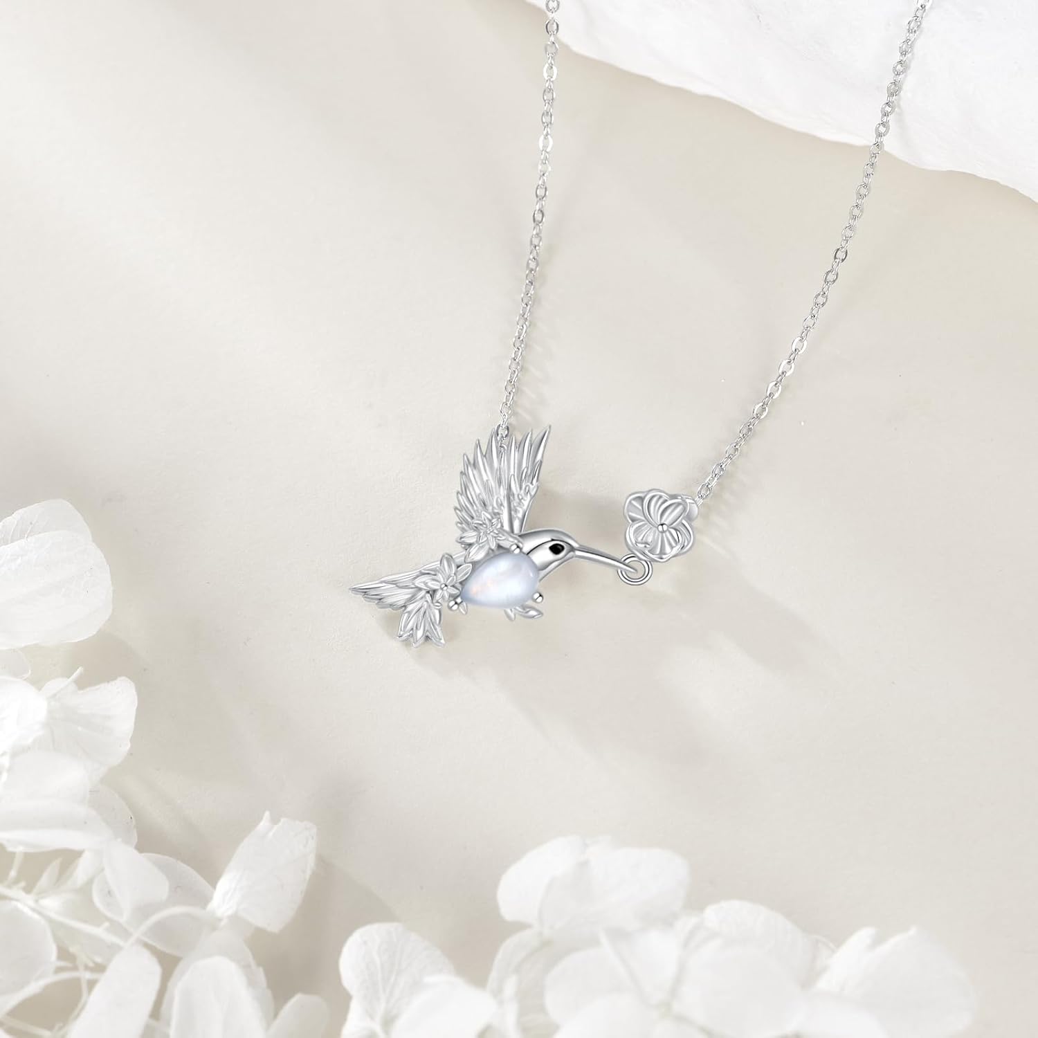 Genuine Rainbow Moonstone Hummingbird Flower Pendant Necklace 925 Sterling Silver Natural Gemstone June Birthstone Jewelry for Women Bird lover - Image 5