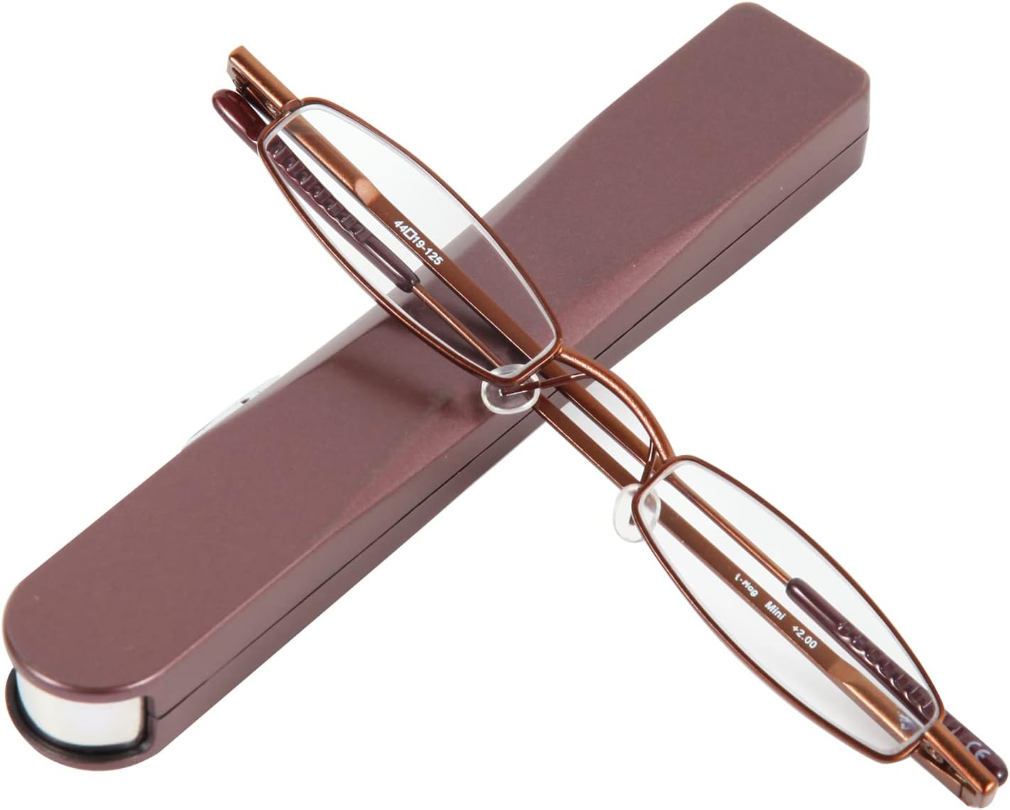 I-Mag Mini Slim Metal Spring Hinge Reading Glasses with Push Button Slide Open Hard Case (1.00 Brown) Scratch Resistant Acrylic Lens Lightweight Stylish Durable Foldable Optical Glasses Men & Women