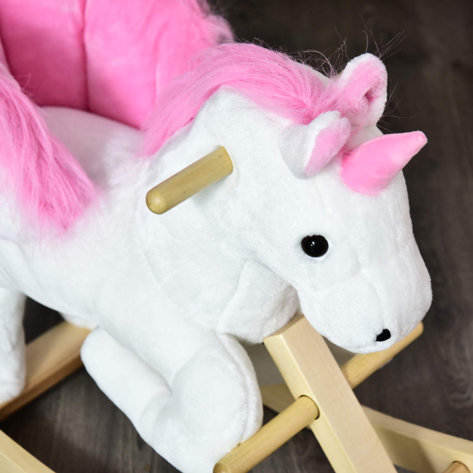 HOMCOM Cavallo a Dondolo a Forma di Unicorno con Musica, Struttura in Metallo e Legno, Rivestimento Peluche, 69x32x57cm, Bianco Rosa