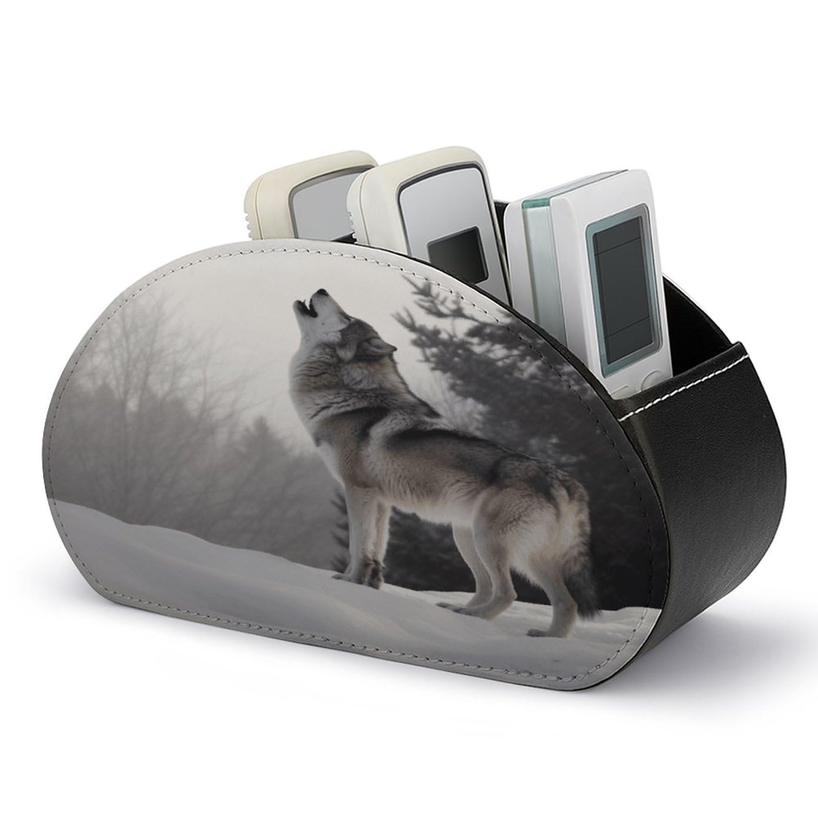 VstaDank Howling Wolf Remote Control Holder with 5 Compartments Pu Leather TV Remote Caddy Storage Box Desktop Organizer Store Controller DVD Brush Pens Glasses&Office Supplies