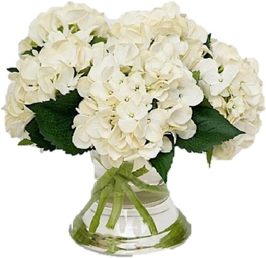 Watergarden Collection Small 3 Stem Silk Cream Hydrangea in A Flared Glass Vase