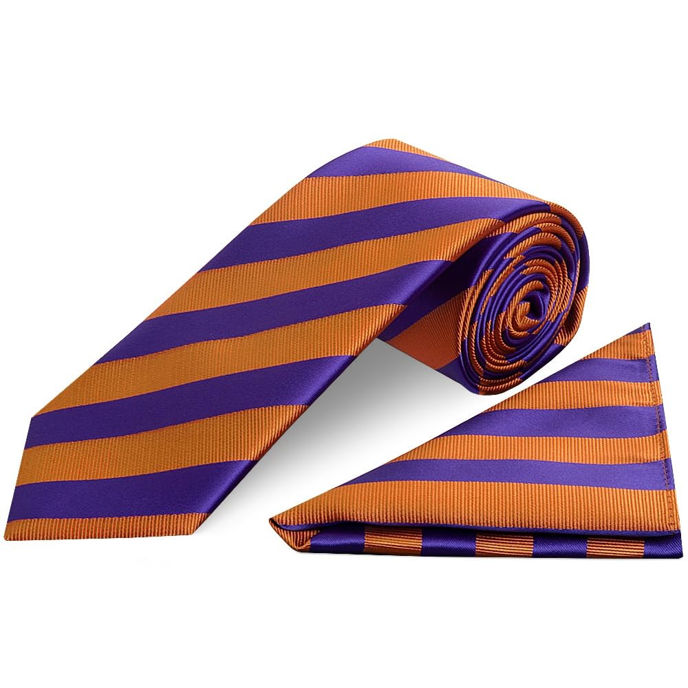 TIES R US Purple and Orange Striped Classic Men's Tie and Pocket Square Set
