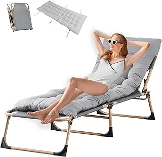 BSTSEL Heavy Duty Garden Sun Lounger Steel Frame Support Adjustable Folding Chaise Lounge Chair with Cushion Sun Bed for Camping Beach Garden Patio Pool Indoor (Grey)