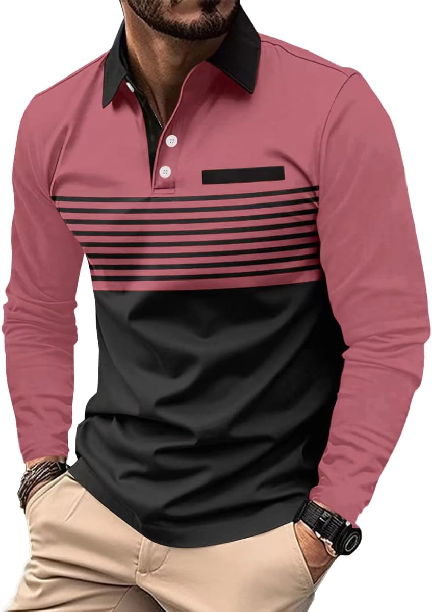 Men's Polo Shirts Long Sleeve 2025 Casual Polo T-Shirts Color Block Slim Fit Golf Polo Shirt with Pocket