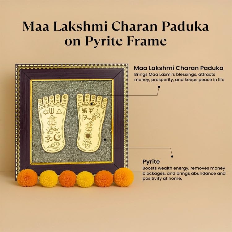 Image of Astrotalk Maa Lakshmi Charan Paduka on Pyrite Frame | Vastu Items & Decorative Items for Home Decor, Office Table Decoration Items | Showpiece for Home Decor Living Room | Gift for Man & Woman