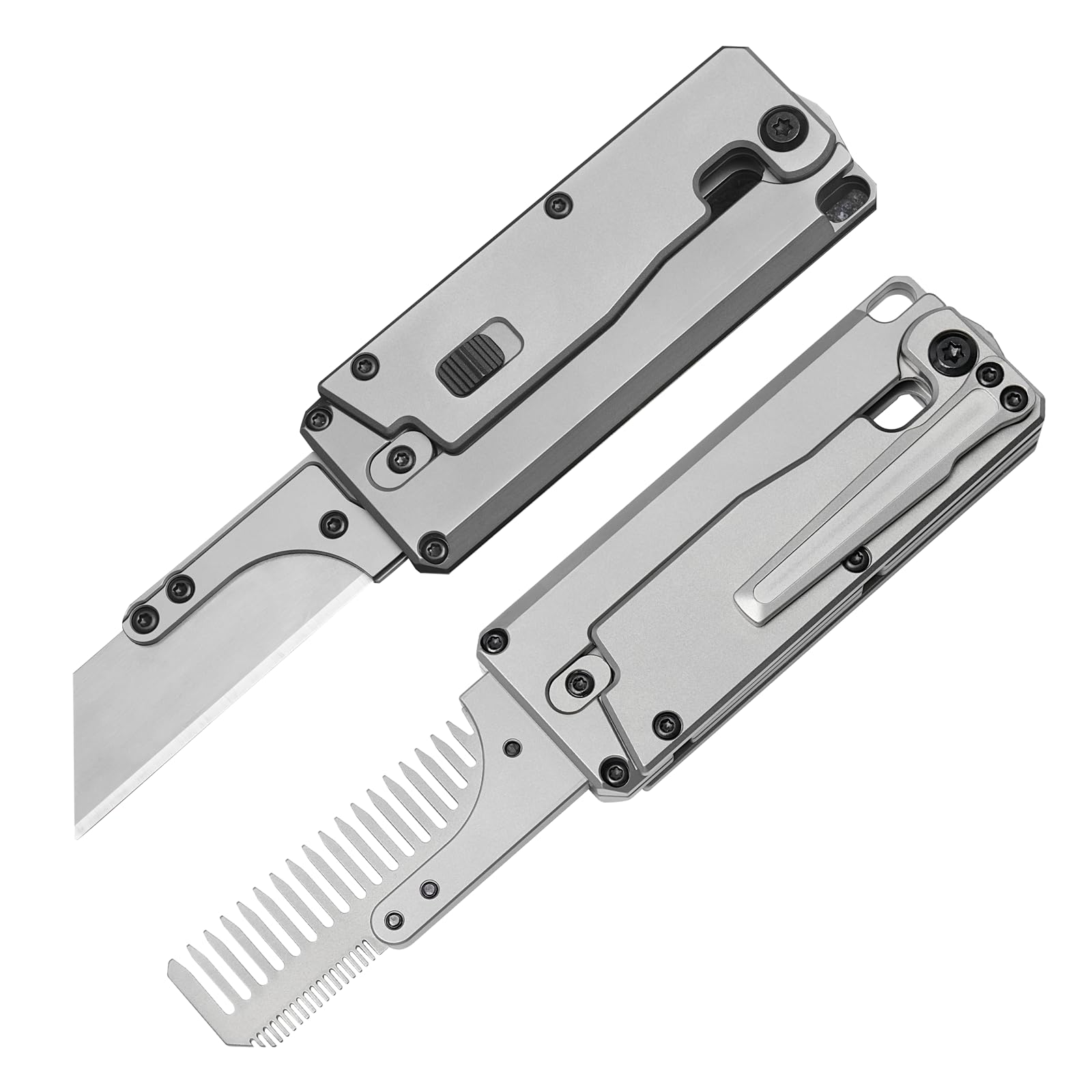 ainhue TC347 2-in-1 Titanium Handle Carrot Utility Knife, Hair Beared Comb, Retractable Box Cardboard Cutter EDC Pocket Knives, 10pcs SK5 Replaceable Blade with Pocket Clip, Glass Breaker