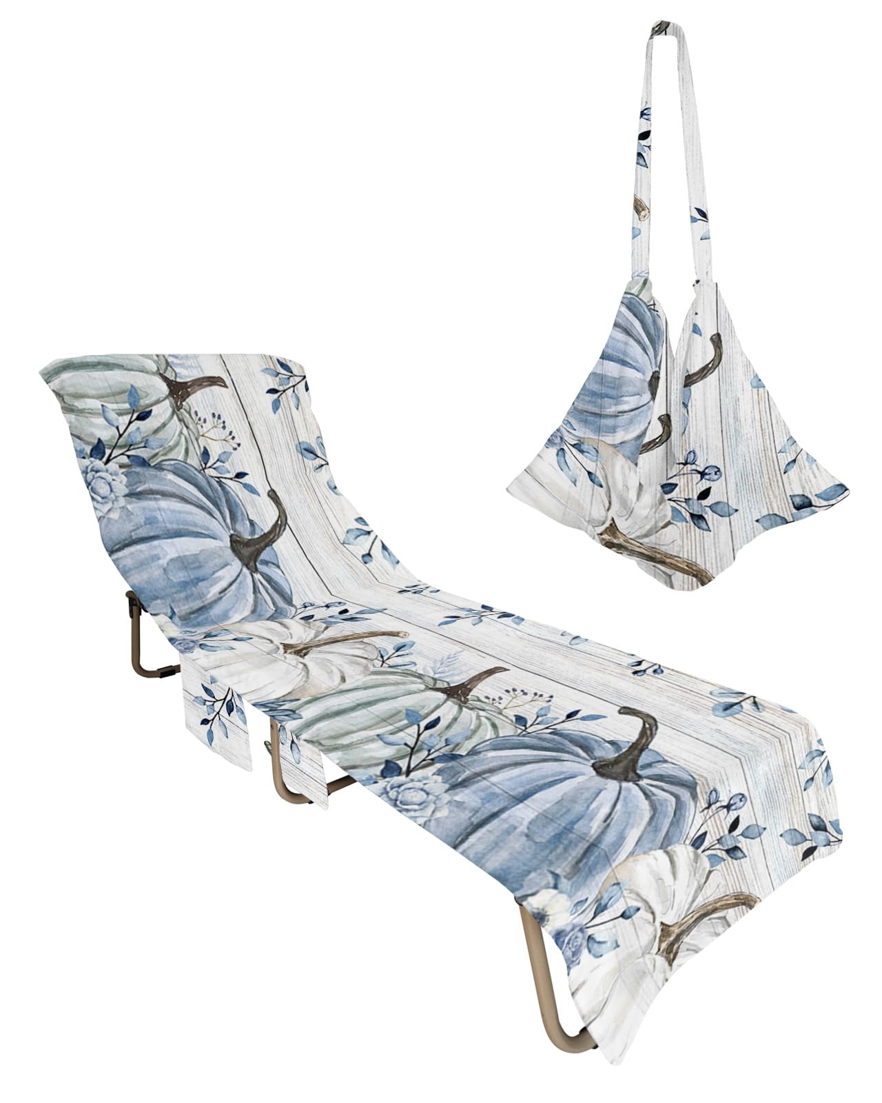 Thanksgiving Wood Grain, Beach Lounge Chair Towel Cover, Soft Chaise Lounge Towel with Side Pockets Patio Pool Chairs Cover for Beach/Pool Sunbathing 29x85 Fall Pumpkin Eucalyptus Leaves