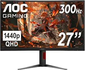 AOC Monitor curvo para jogos CQ27G4ZH 68.6 cm, QHD 2K 2560x1440, 1500R VA, 300Hz 0,3ms, HDMI x2, DP x1, suporte ajustável de altura, compatível com Xbox PS5 Switch, zero ponto brilhante de 3 anos