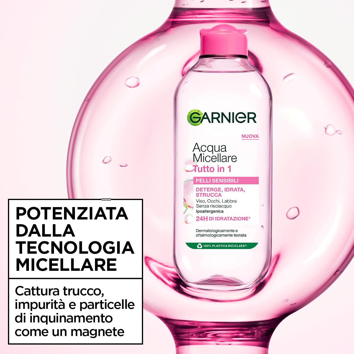 Garnier SkinActive Acqua Micellare Tutto in 1, Per Pelli Sensibili, 100% del Trucco Rimosso, Pelle Detersa e Idratata per 12H, Senza Residui e Senza Risciacquo, Con Micelle e Glicerina, 400 ml