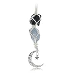 BOHO GARDEN Hanging Car Charm - Black Tourmaline & Blue Calcite - Dangling Moon & Healing Crystal Accessories, Rearview Mirror Decorations - Confidence, Calmness, Creativity, Protection, Communication